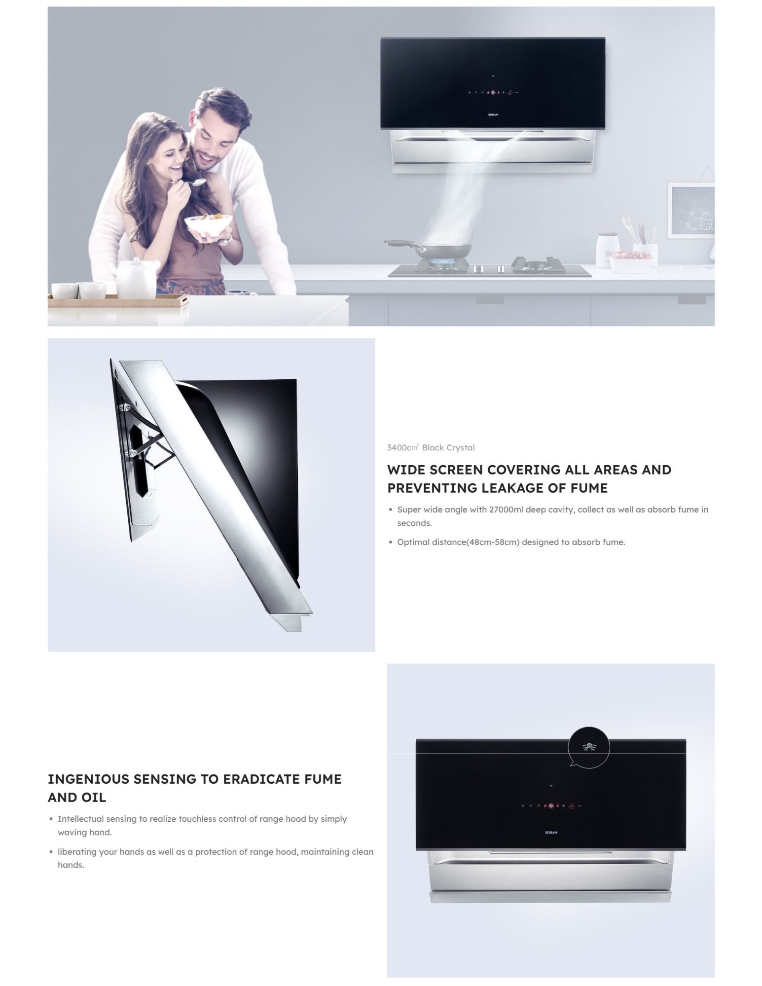 Wall-mounted range hood capturing fumes in a modern kitchen scene