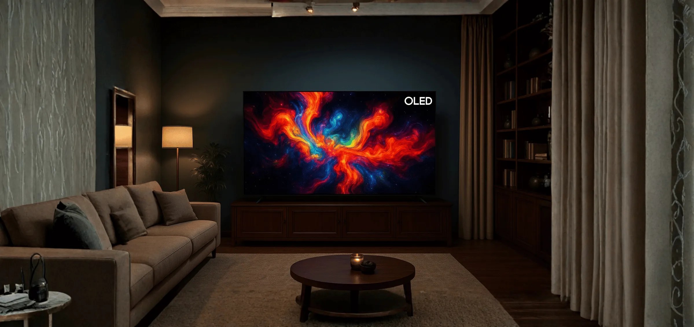 OLED TV in darkened cinema-style lounge, screen glowing with colourful abstract artwork to demonstrate deep blacks and vivid contrast.