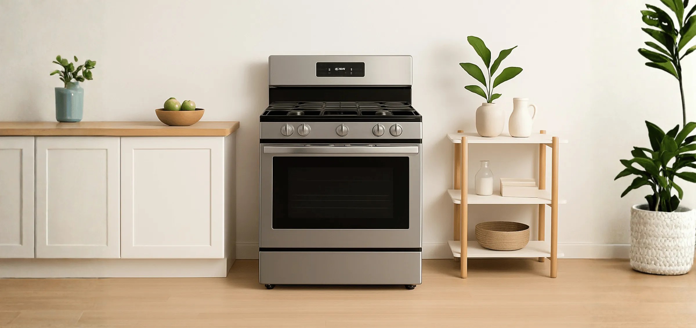 Modern stainless-steel freestanding oven in a bright kitchen with plants and wooden shelves.