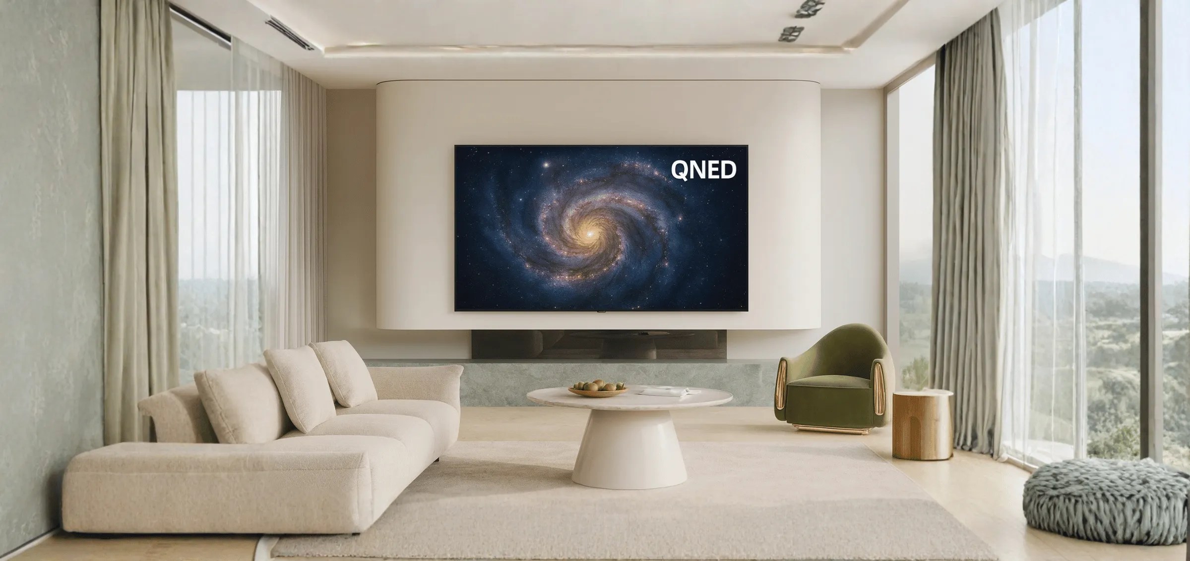 QNED TV mounted in minimalist lounge with panoramic windows, galaxy spiral image illustrating balanced brightness and detailed contrast