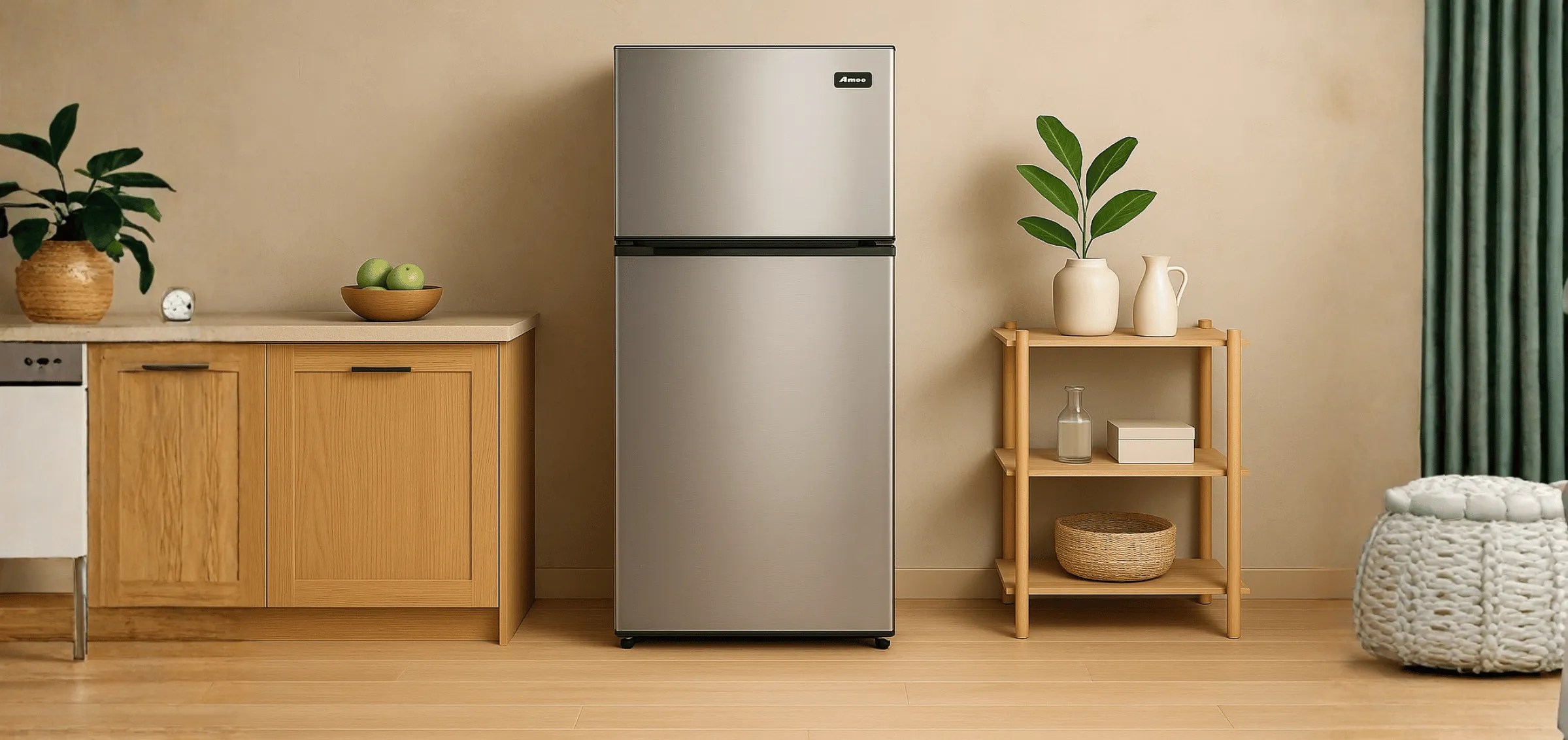 Silver two-door refrigerator beside a wooden cabinet and a shelf with decor in a cosy family kitchen.