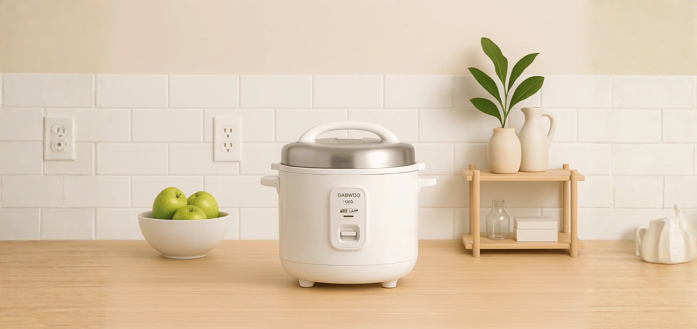 White electric multi-cooker on wooden countertop with apples and kitchen decor.