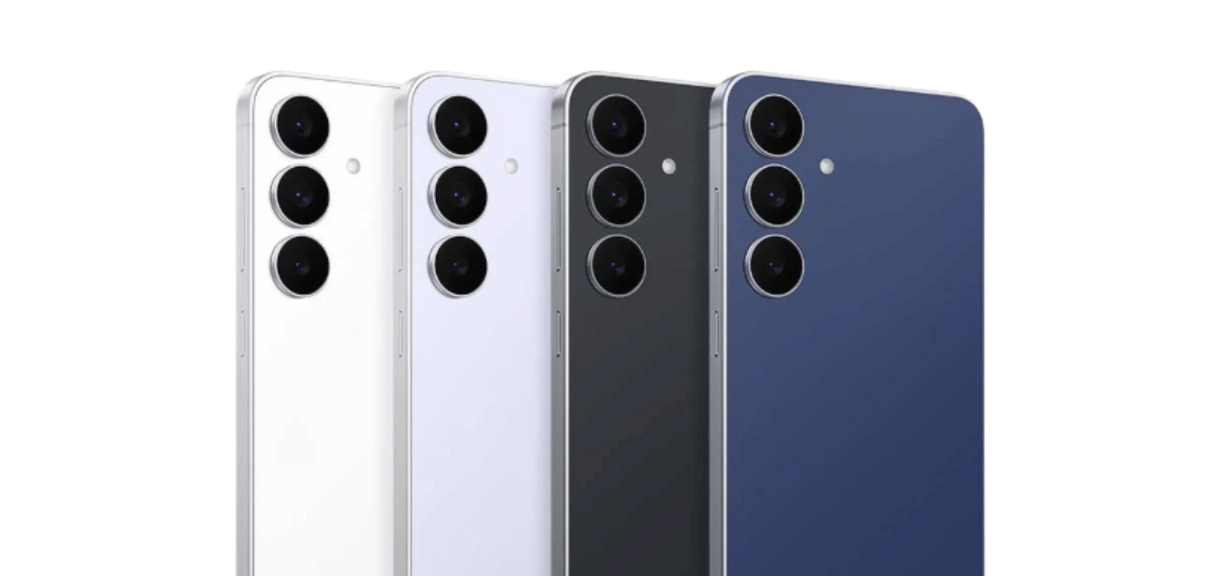 Lineup of slim Android phones in white, lavender, graphite, and blue, highlighting the rear triple-camera design.