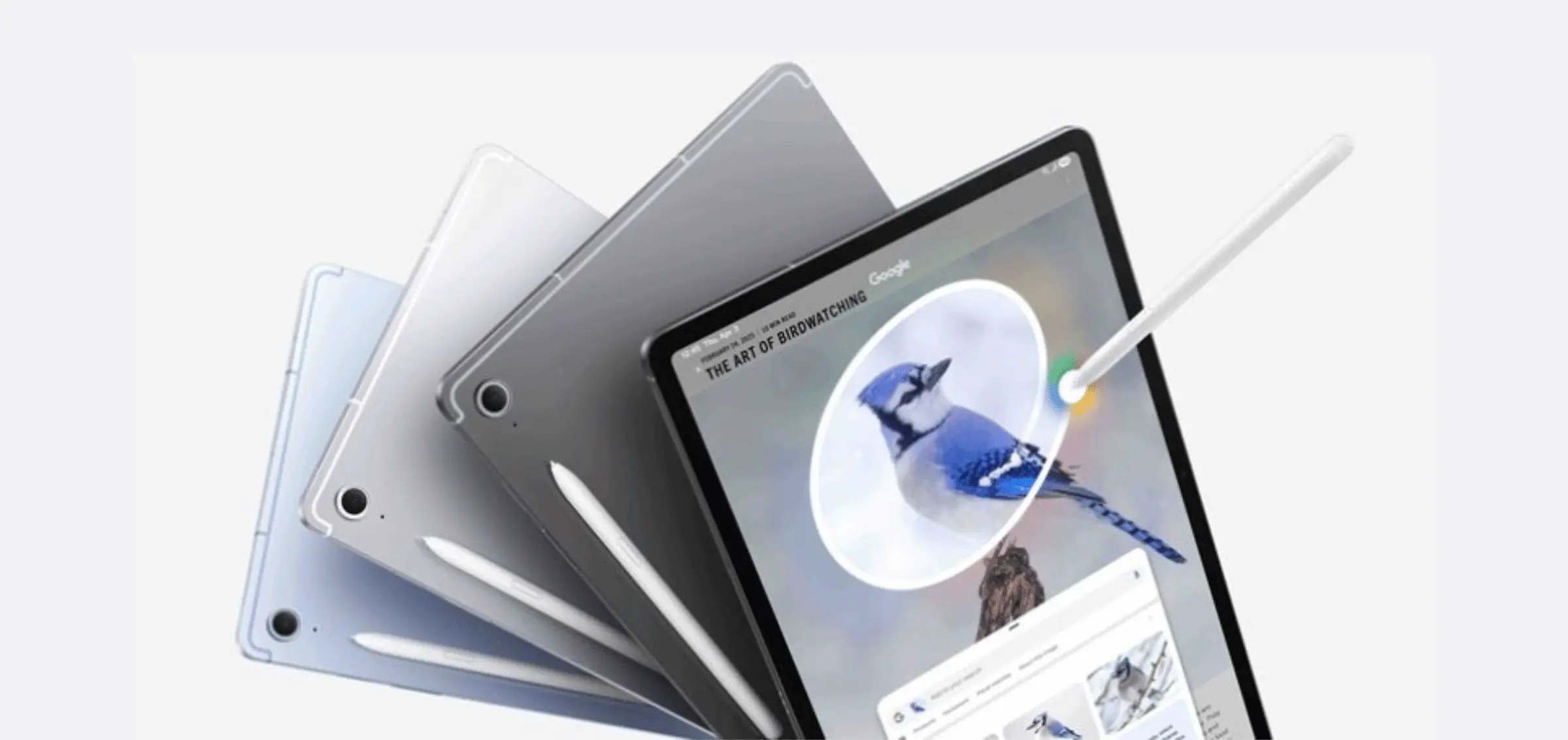 An array of Android tablets with a stylus pen, showing a large display used for drawing a bird and multitasking apps.