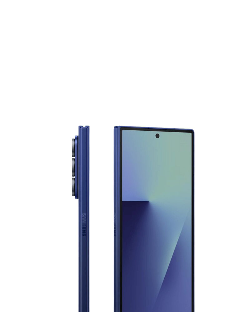 Samsung Galaxy Z Fold in deep blue, showing a slim side profile and a full front display, with Galaxy AI unlocked from RM69.98 per month.