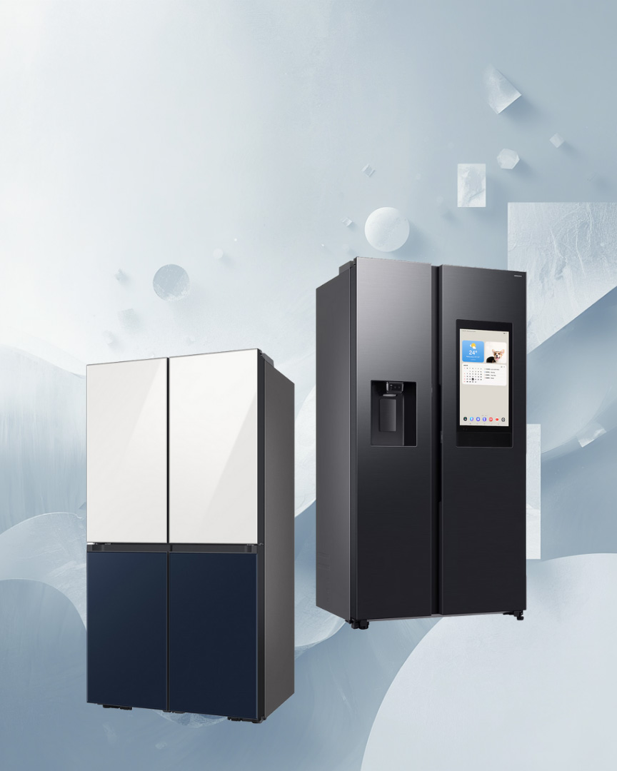 Samsung's latest tech side-by-side fridge pair on an icy blue backdrop, one with a built-in screen and door water dispenser.