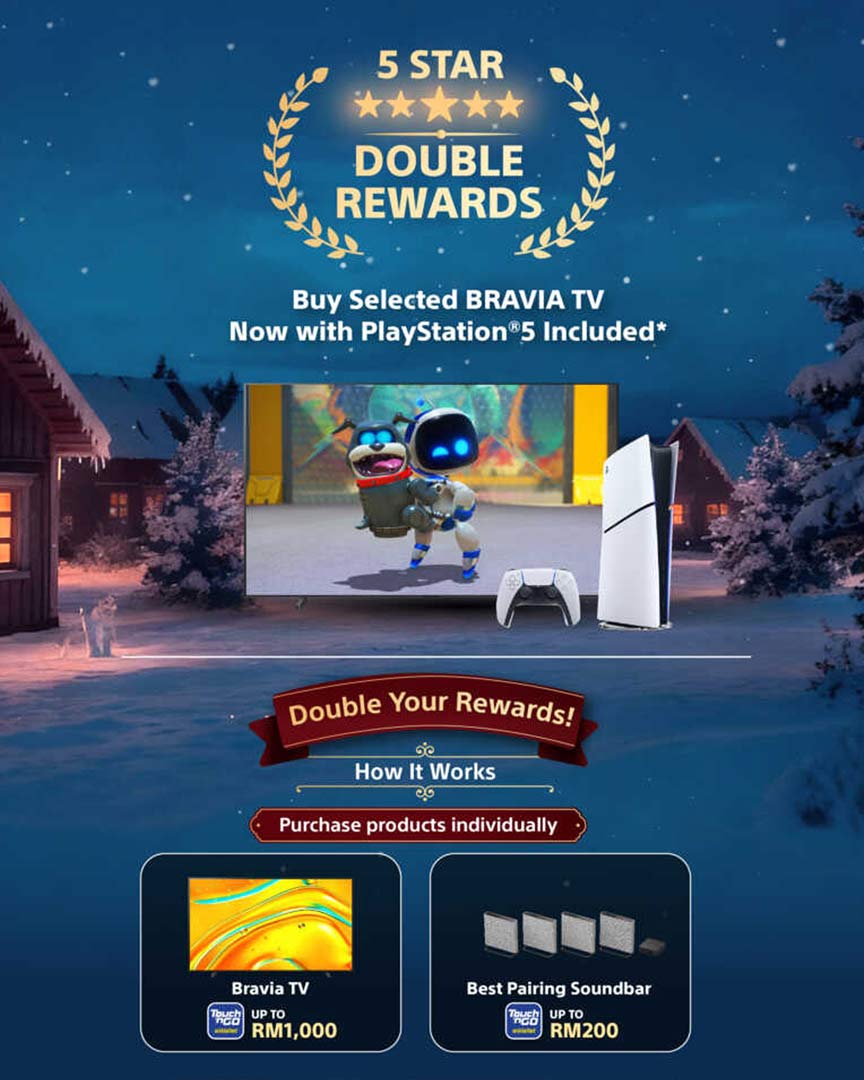 Sony BRAVIA TV and PlayStation 5 bundle in a snowy night scene, promoting 5-star double rewards on selected BRAVIA TVs with PS5 included.