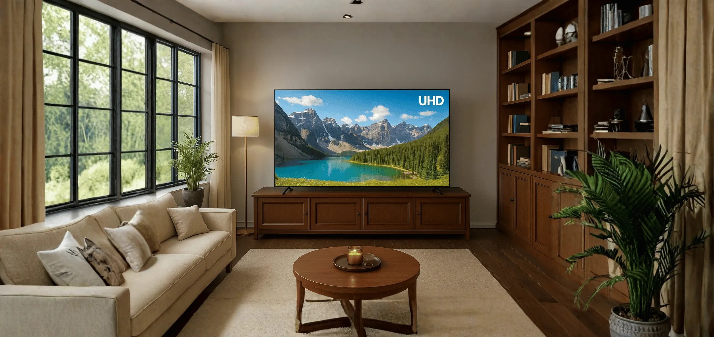 UHD TV in a warm living room with large windows and a bookcase, showing mountain lake scenery to highlight ultra high definition picture quality.