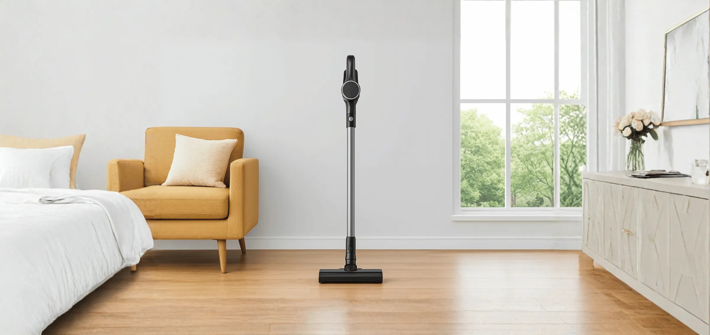 A cordless stick vacuum cleaner standing upright beside a bed and a yellow armchair in an airy bedroom, illustrating home-use vacuum cleaners.