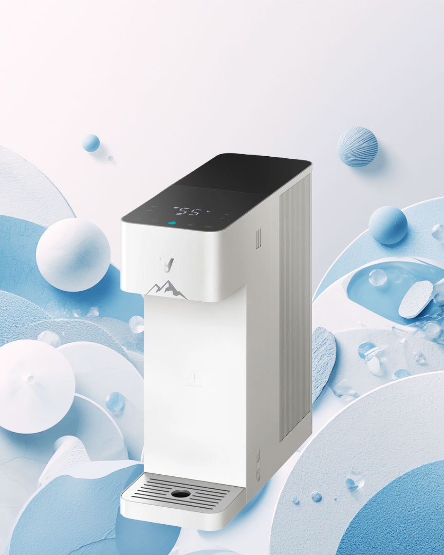 Viomi water purifier dispenser in white with a black touch panel, placed against an abstract background of blue-and-white bubbles.