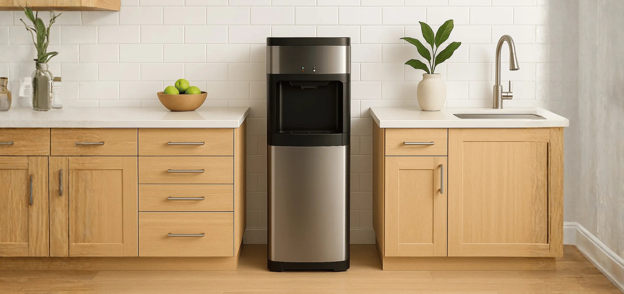 Modern stainless-steel freestanding oven in a bright kitchen with plants and wooden shelves.