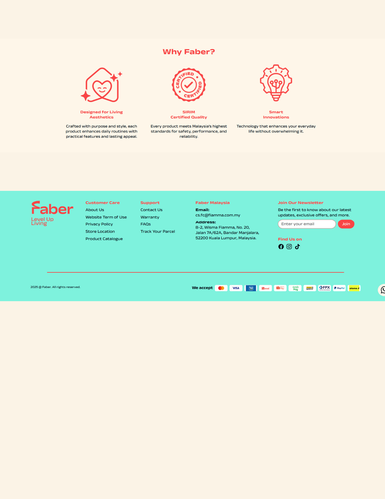 Website section titled ‘Why Faber?’ highlighting three key brand values—Designed for Living Aesthetics, SIRIM Certified Quality, and Smart Innovations—followed by the site footer containing customer care links, support information, Faber Malaysia contact details, newsletter signup, social media icons, and accepted payment methods