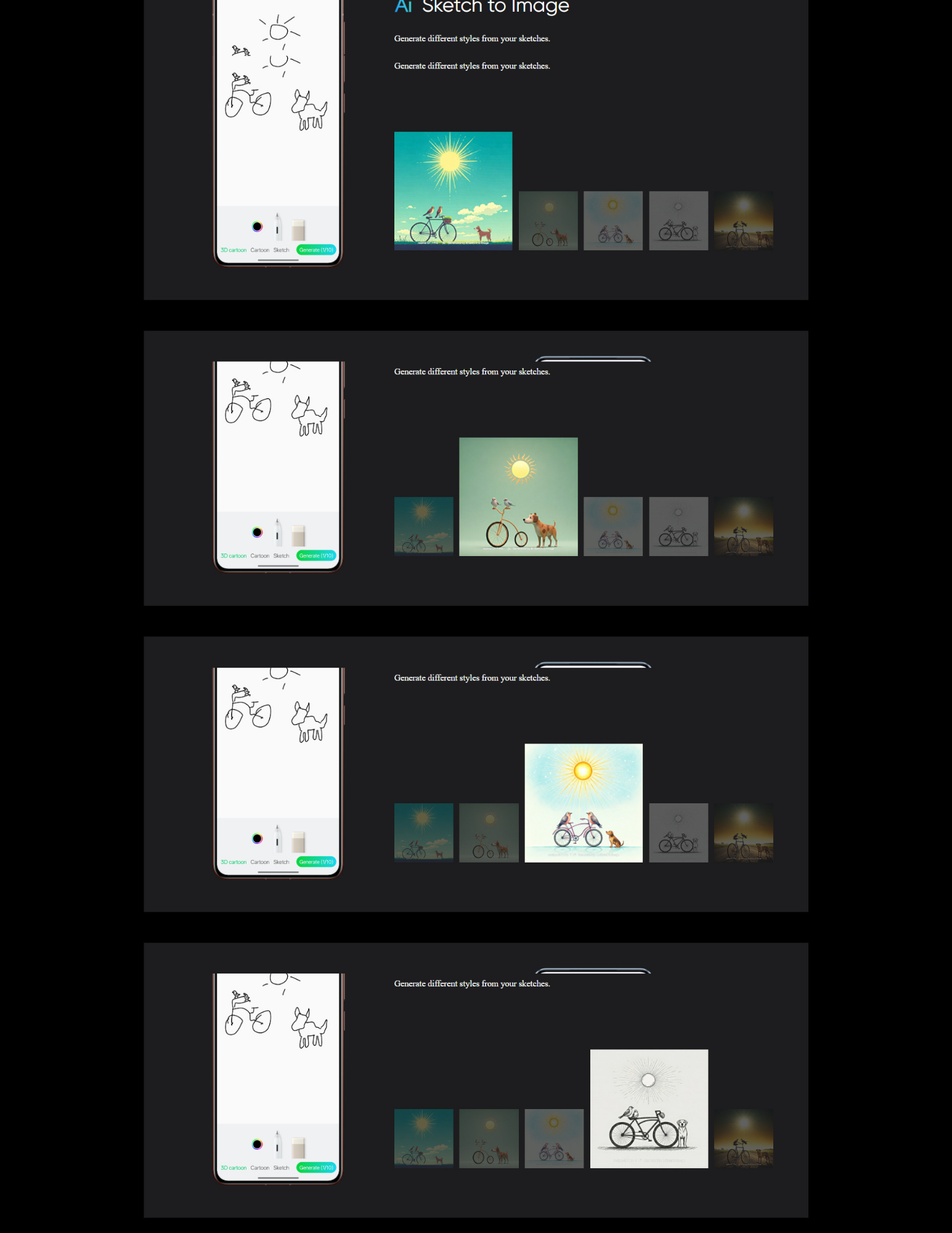 Webpage demonstrating an AI ‘Sketch to Image’ feature, showing a simple hand-drawn sketch on a smartphone and multiple AI-generated artwork variations, including cartoon, painted, and shaded styles