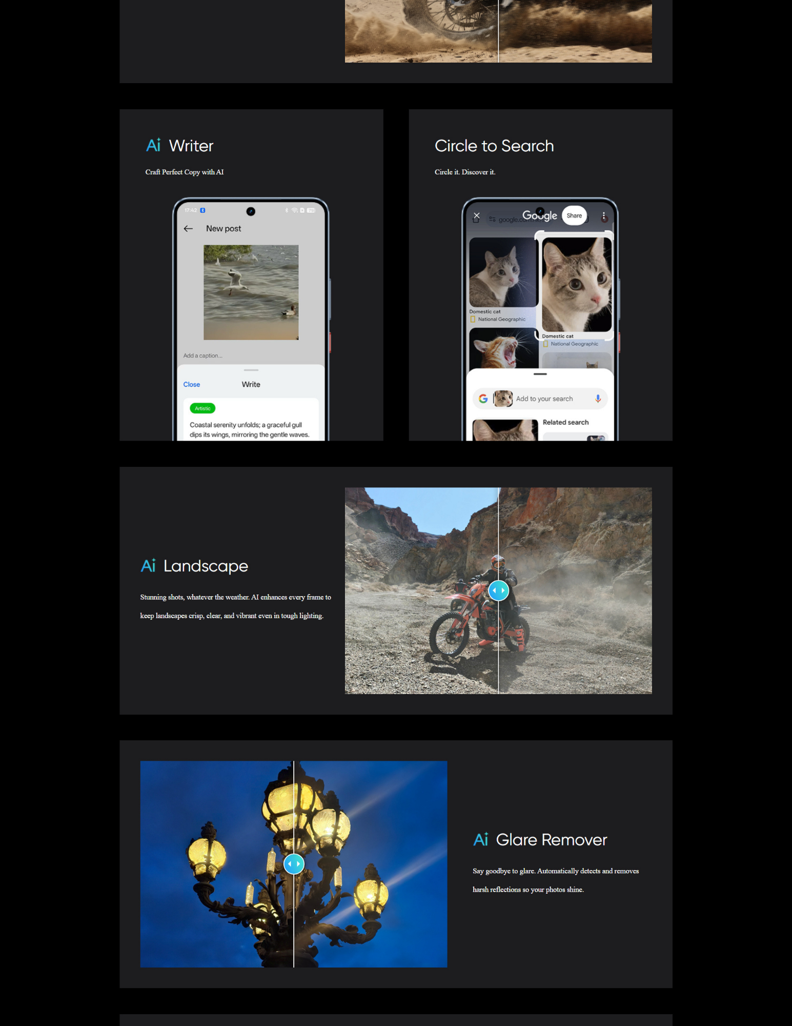 Webpage showcasing smartphone AI features: AI Writer for generating captions, Circle to Search for visual lookup, AI Landscape for enhancing outdoor photos with a before-and-after slider, and AI Glare Remover for reducing light reflections in images