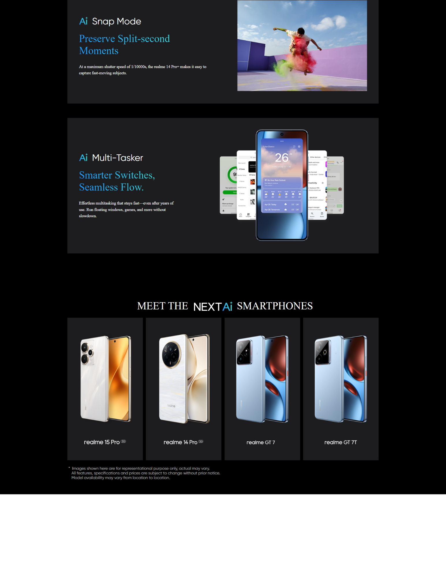 Webpage highlighting smartphone AI features: AI Snap Mode for capturing fast-moving scenes and AI Multi-Tasker for smoother app switching. The bottom section showcases four NextAI smartphones—realme 15 Pro 5G, realme 14 Pro 5G, realme GT 7, and realme GT 7T