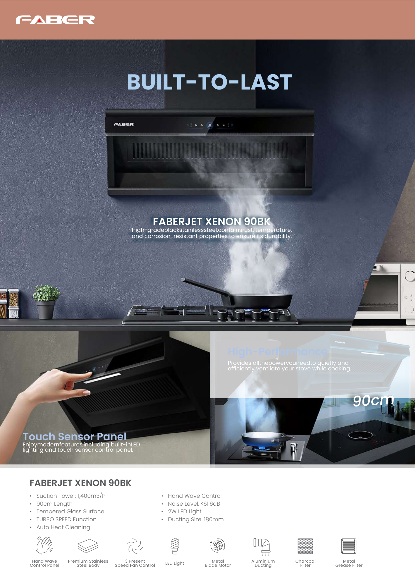 Promotional page for the FaberJet Xenon 90BK kitchen hood, highlighting its durable black stainless steel design, strong suction performance, hand-wave and touch sensor controls, LED lighting, and efficient ventilation. The image shows the hood extracting smoke from a stovetop and includes feature icons and specifications.