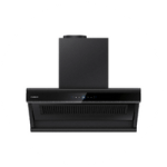 Faber black cooker hood with touch control panel and chimney design for strong kitchen ventilation and smoke extraction