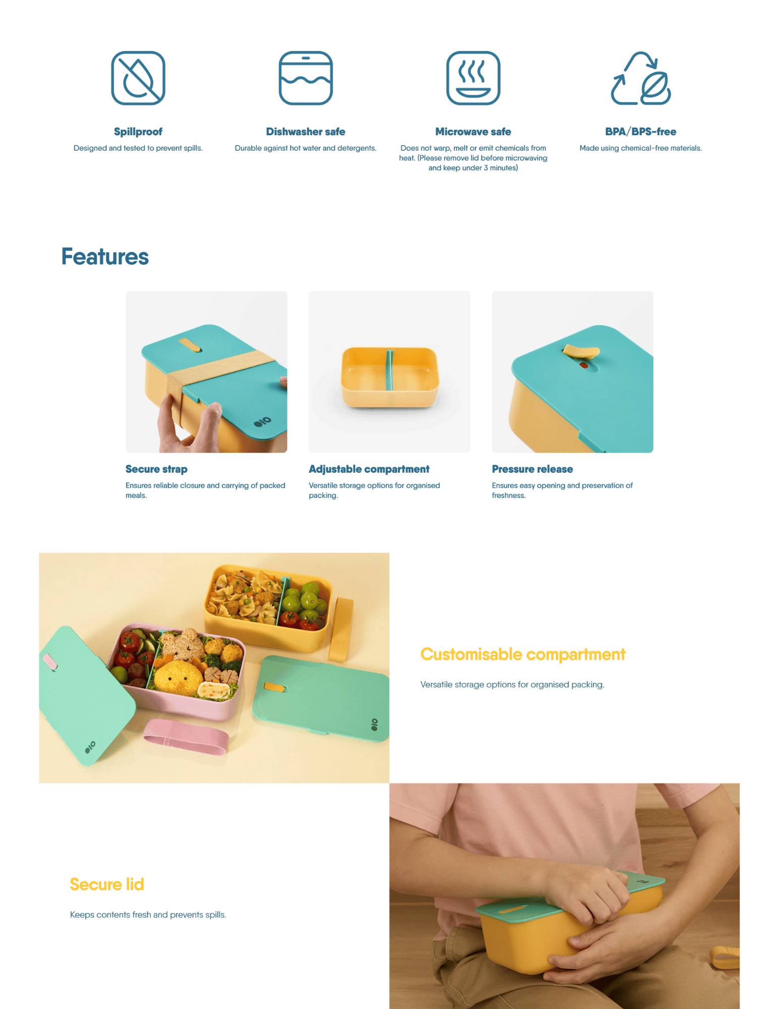 Bento-style lunch box with secure lid, adjustable compartments, and pastel colours, designed for spill-free food storage.