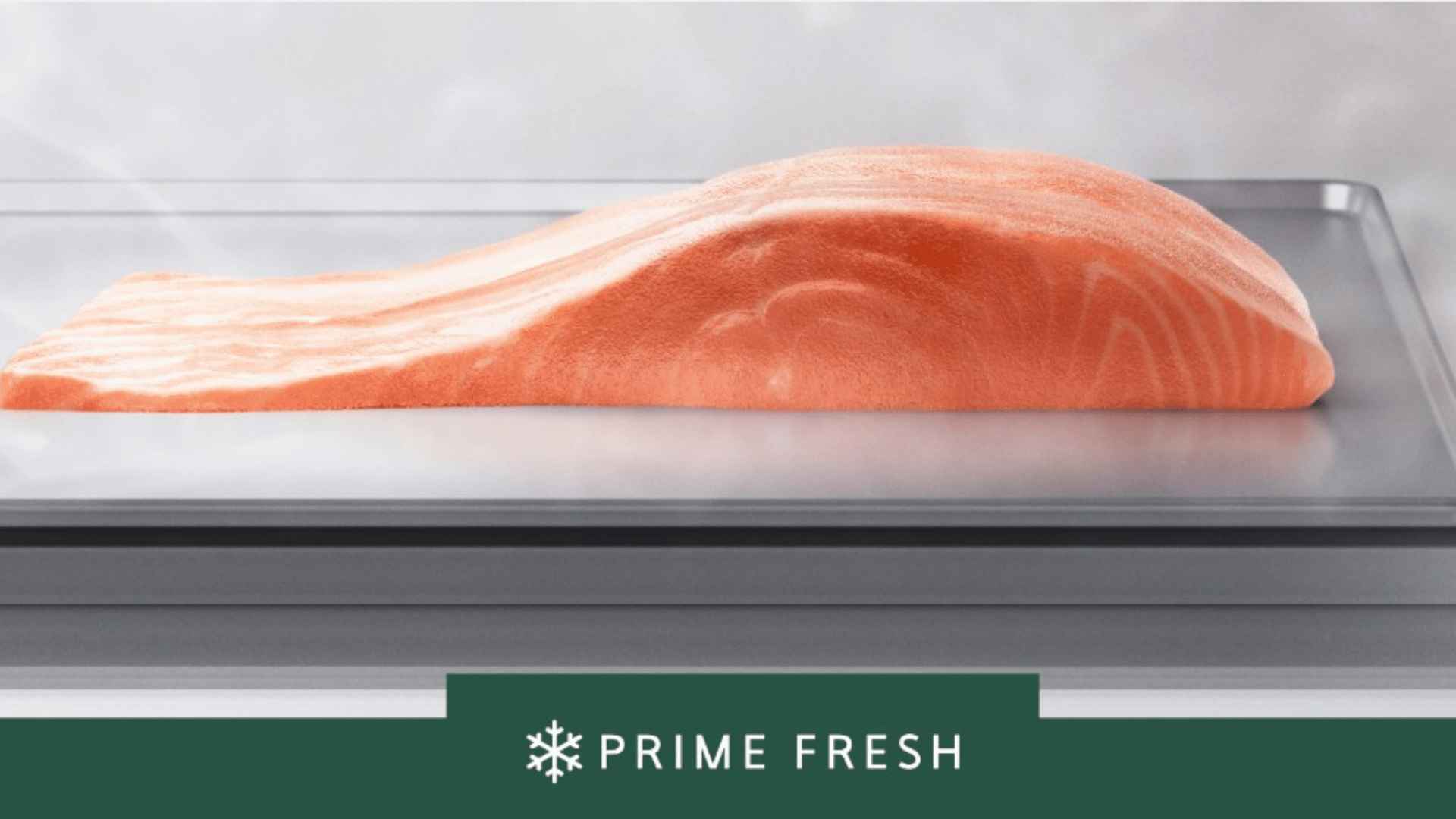 Fresh salmon fillet lightly frozen on Prime Fresh tray, demonstrating soft freezing for easy slicing and cooking.