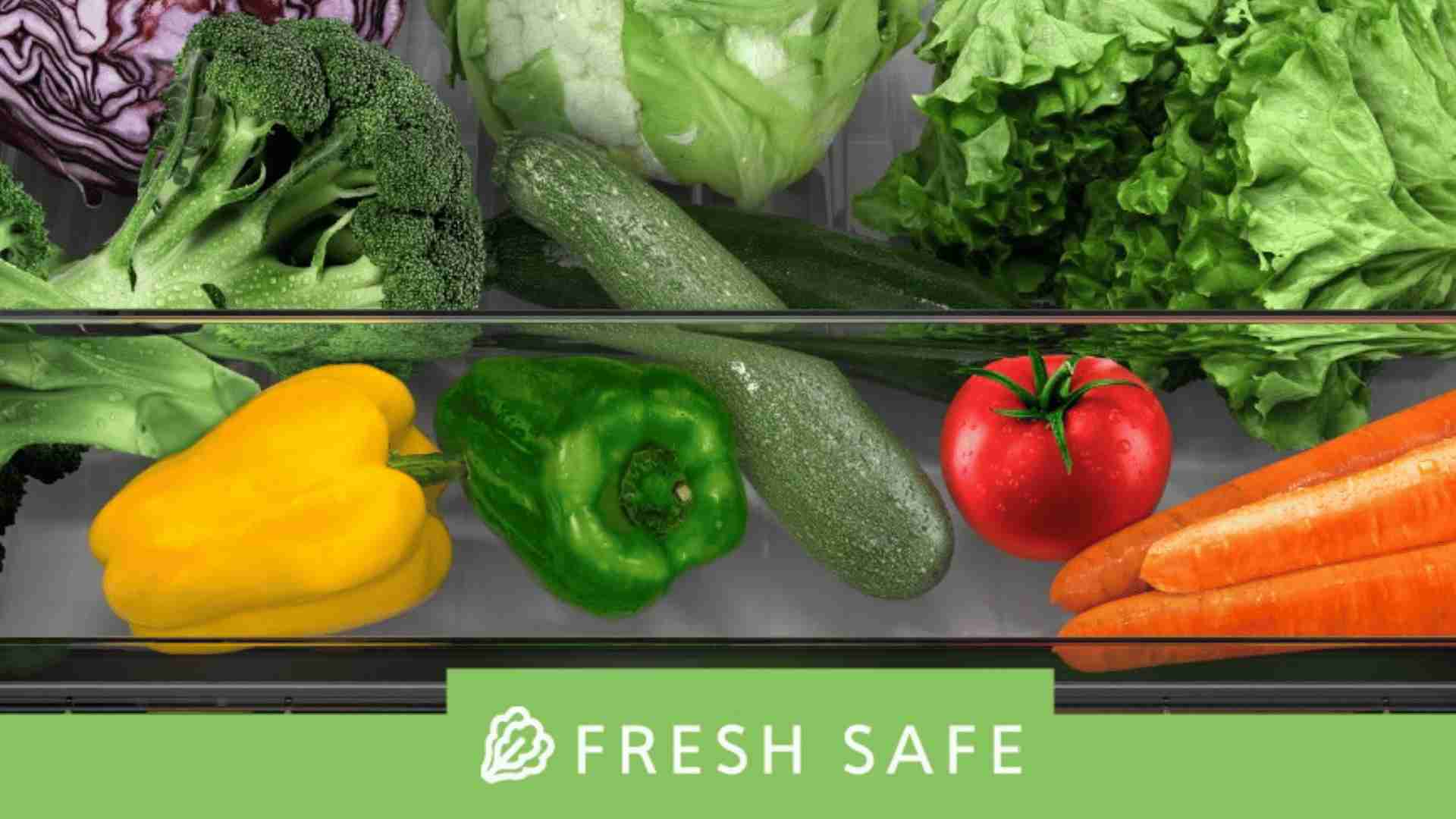 Vegetables stored inside Fresh Safe compartment, showing high humidity control to keep produce crisp and fresh.