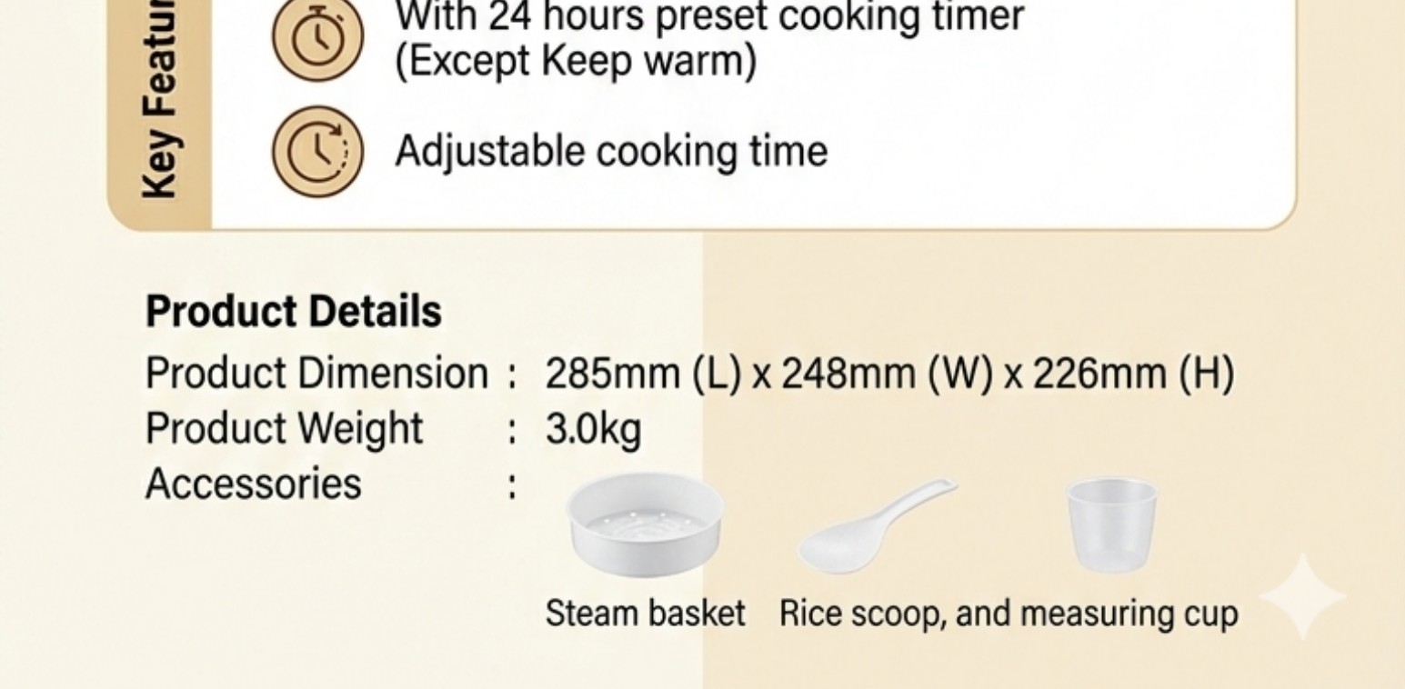 - 4 layer 1.5mm durable Ceramic Coated Inner Pot - Automatically keep warm after cooked - 7 preset menu functions - Detachable Inner lid for easy cleaning - With 24 hours preset cooking timer for functions (Except Keep warm). - Adjustable cooking time - Accessories: Steam basket, Rice scoop, and measuring cup Product Dimension: 285mm (L) x 248mm (W) x 226mm (H) Product Weight: 3.0kg