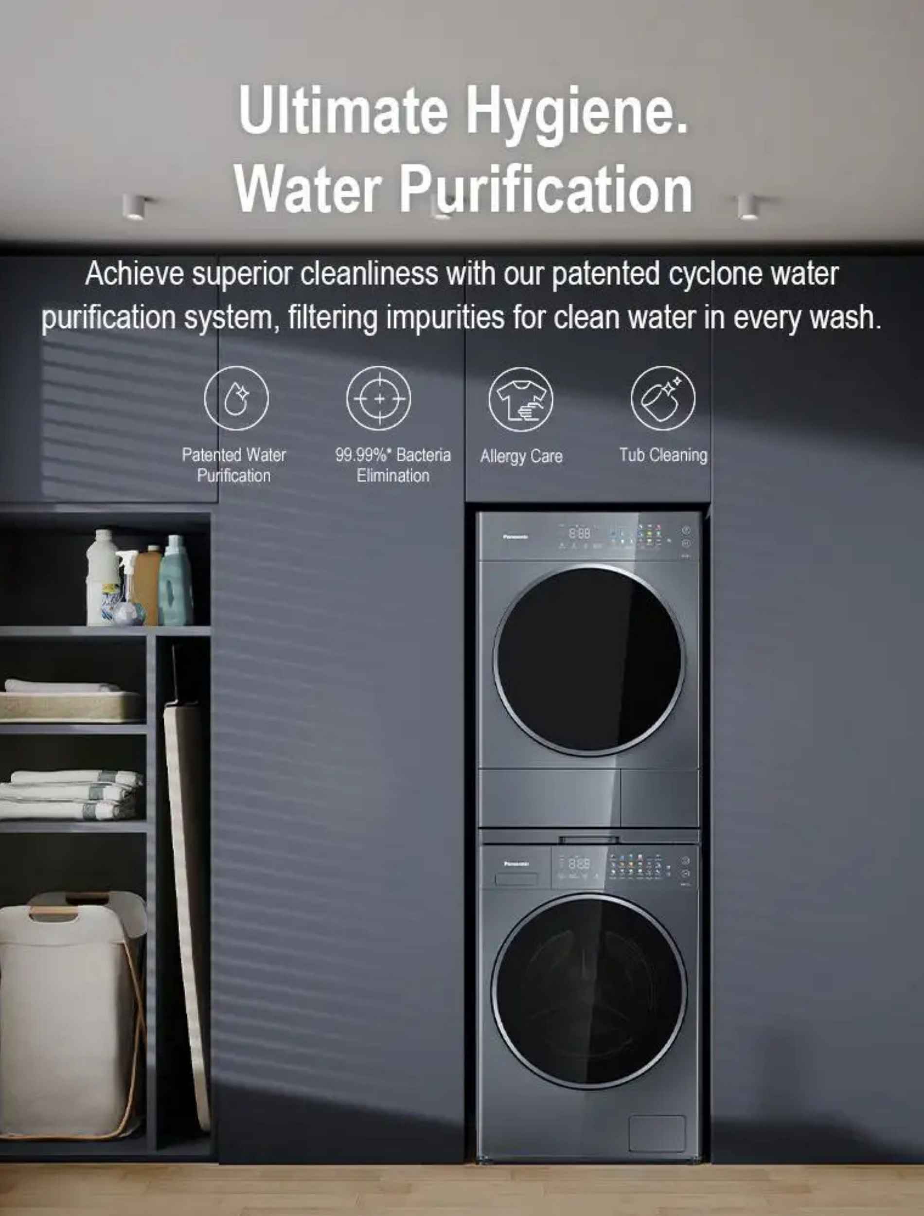 Panasonic V-Series stackable washer and dryer in a laundry room with water purification icons.