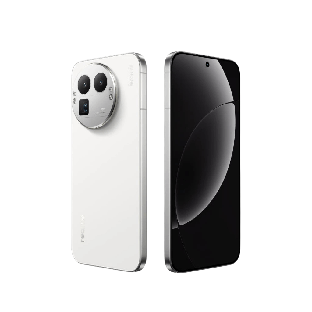 realme GT8 Pro white color angled front and back view