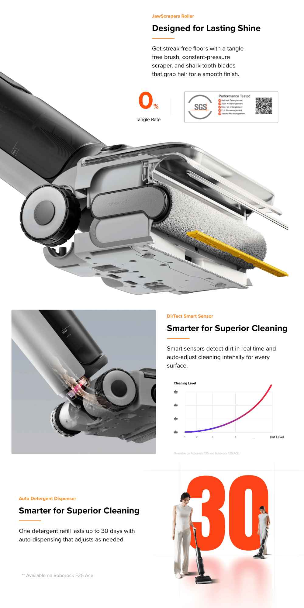 Roborock F25 jaw scraper roller with smart dirt sensing