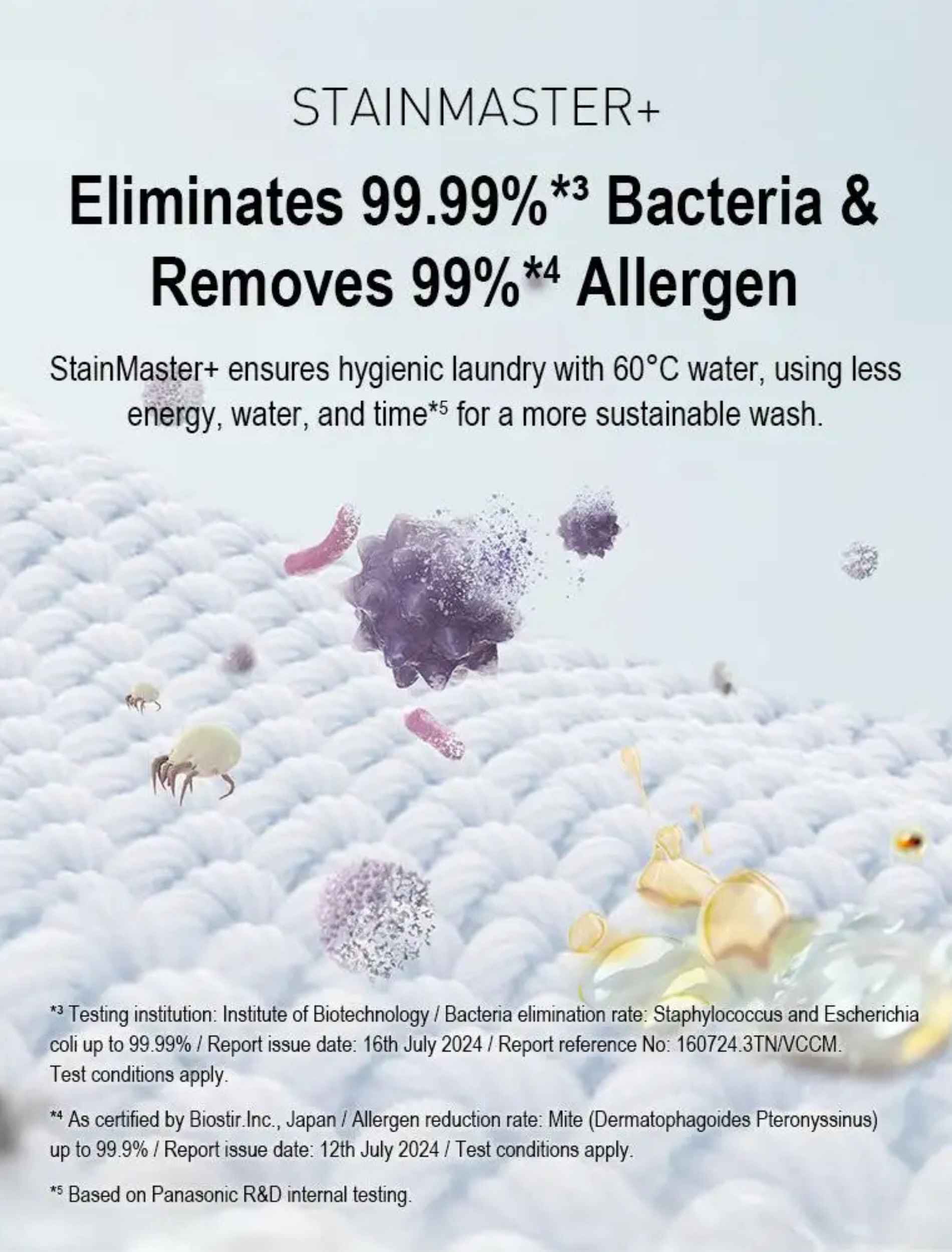 Illustration of bacteria and allergens being removed from fabric using StainMaster+ technology.