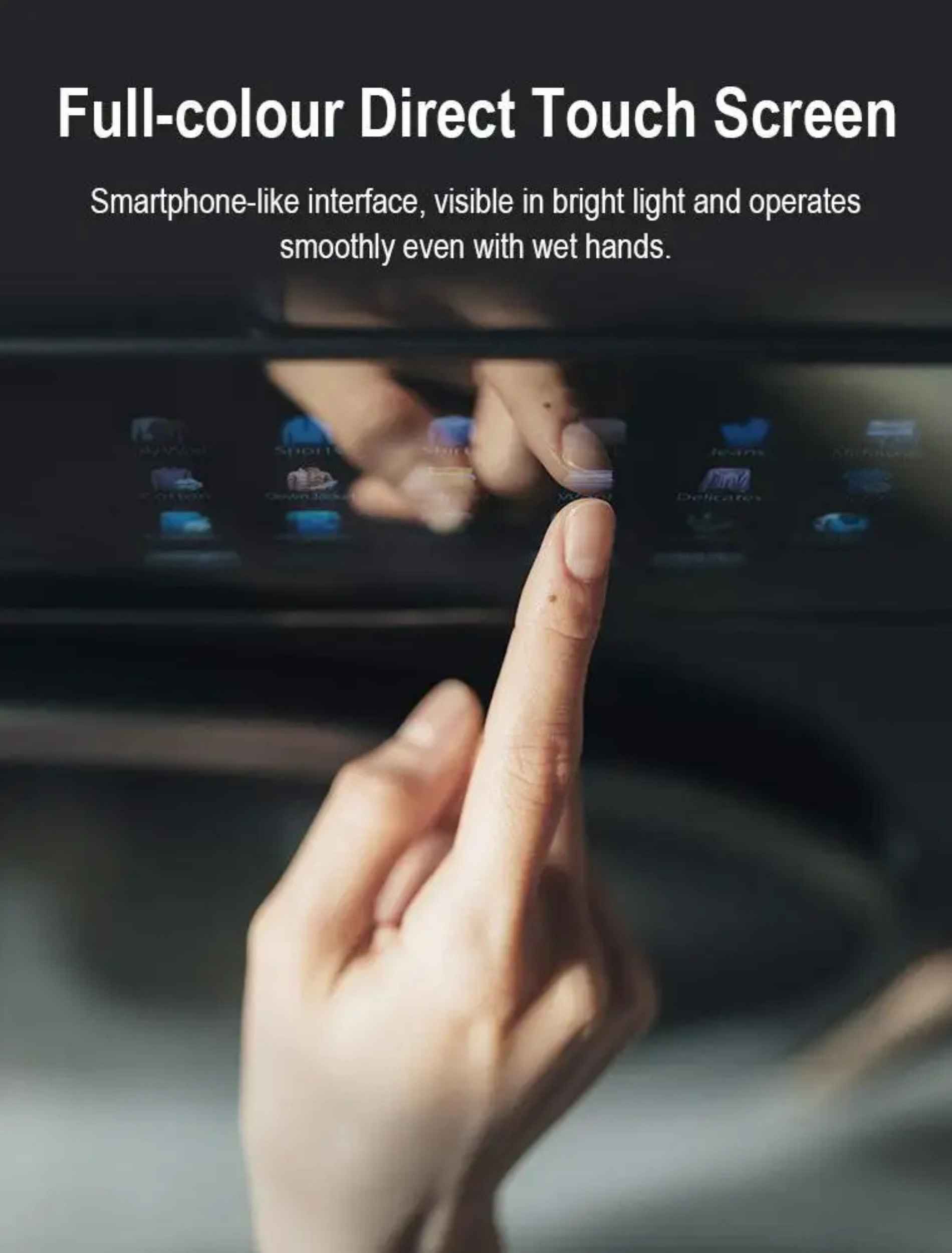 Hand operating the full-colour touch screen on a Panasonic washer.