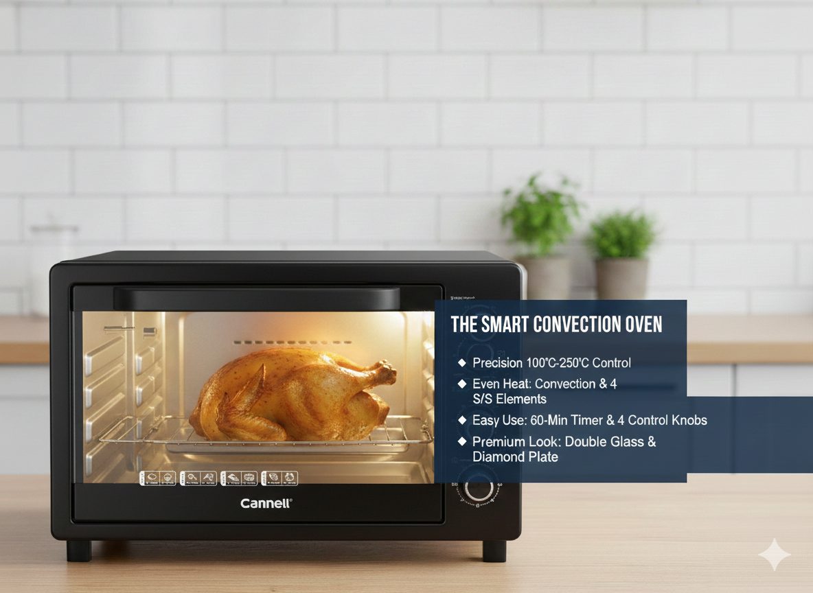 Cornell 28L Electric Oven Product Description: Temperature control (100°C-250°C) 4 stainless steel elements Convection & inner lamp 60-min timer with chime 4 heating control knobs Double glass door Full glass control panel Diamond-shaped back plate