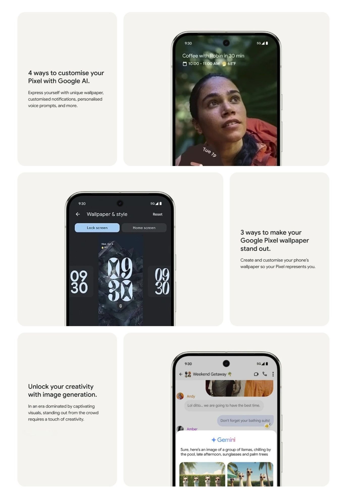 Google Pixel interface showing AI-powered customization and wallpaper features.