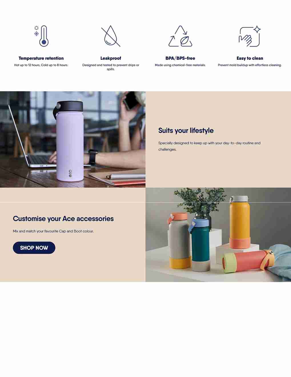 Leakproof, BPA-free, temperature retention up to 12 hours, easy to clean, customizable design.