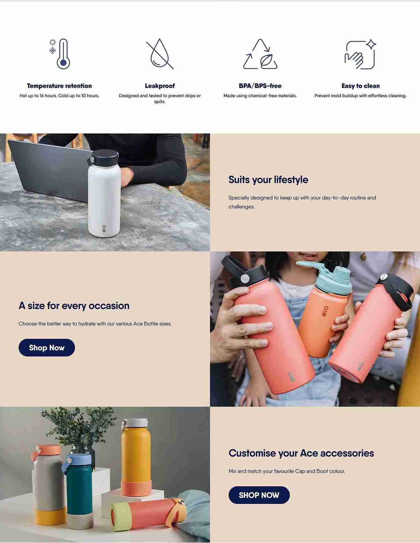 Temperature retention up to 16 hours, leakproof, BPA-free, easy to clean, available in multiple sizes, customizable accessories.