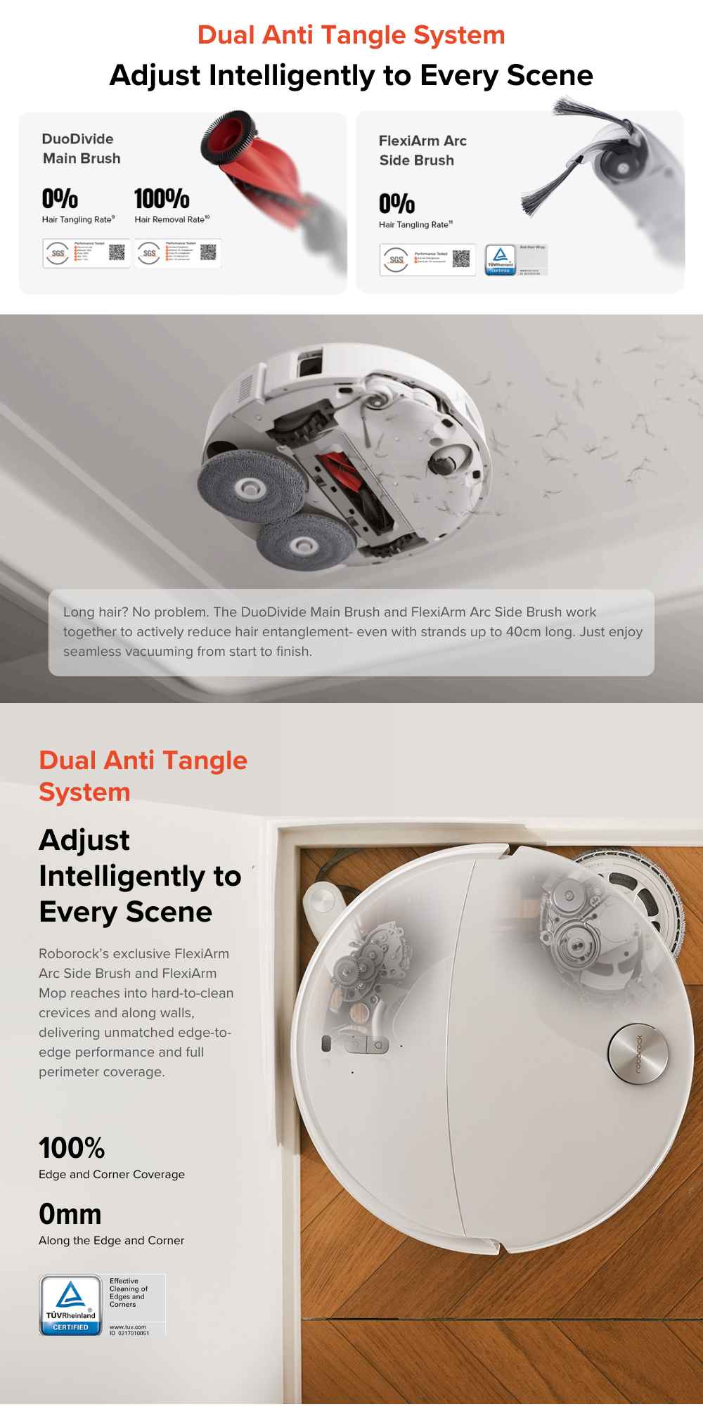 Roborock robot vacuum with dual anti-tangle brush system