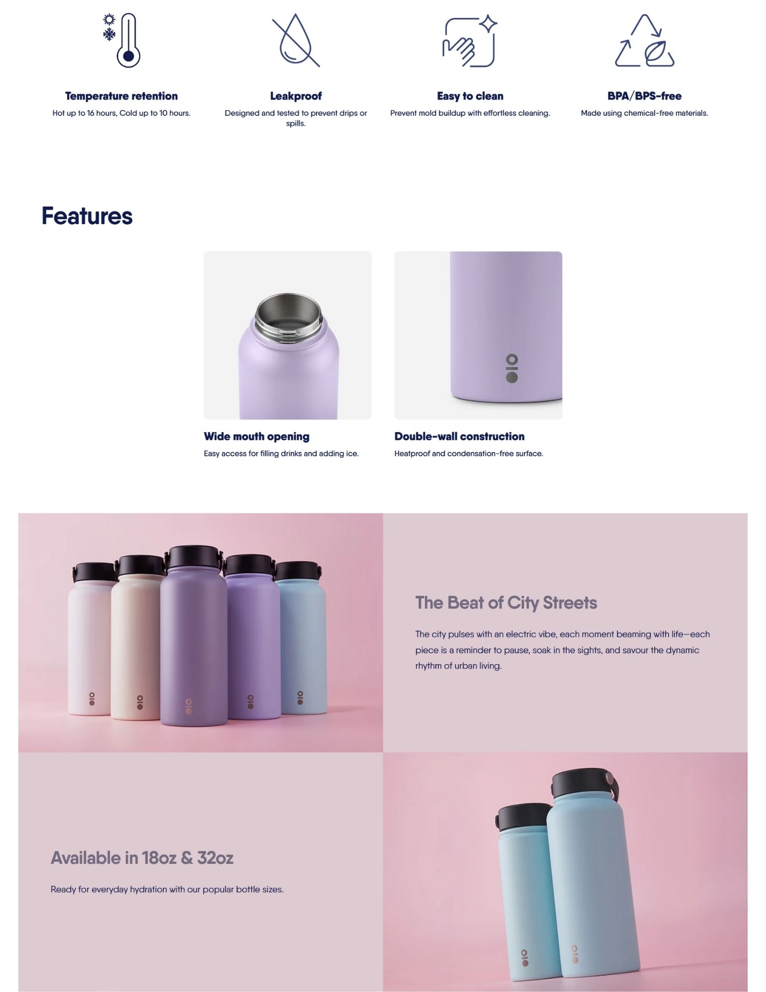 Double-wall insulated stainless steel water bottles with wide-mouth opening and leakproof design, available in multiple pastel colours and 18oz and 32oz sizes.