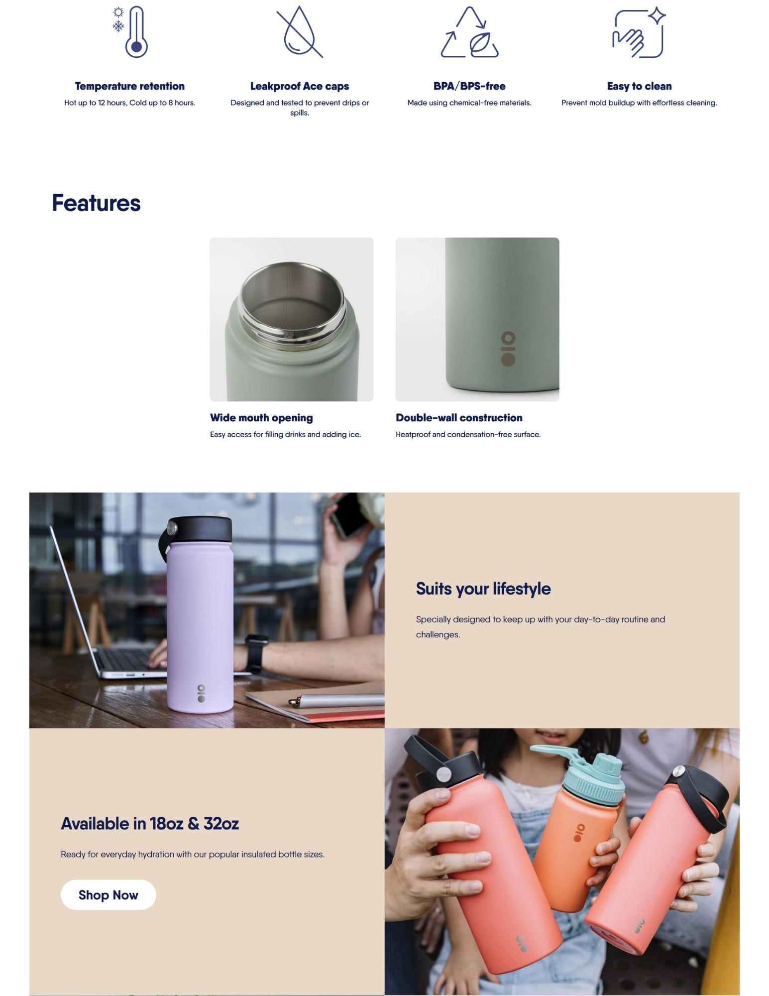Insulated stainless steel water bottle with wide-mouth opening and double-wall construction, shown in lifestyle use and available in 18oz and 32oz sizes.
