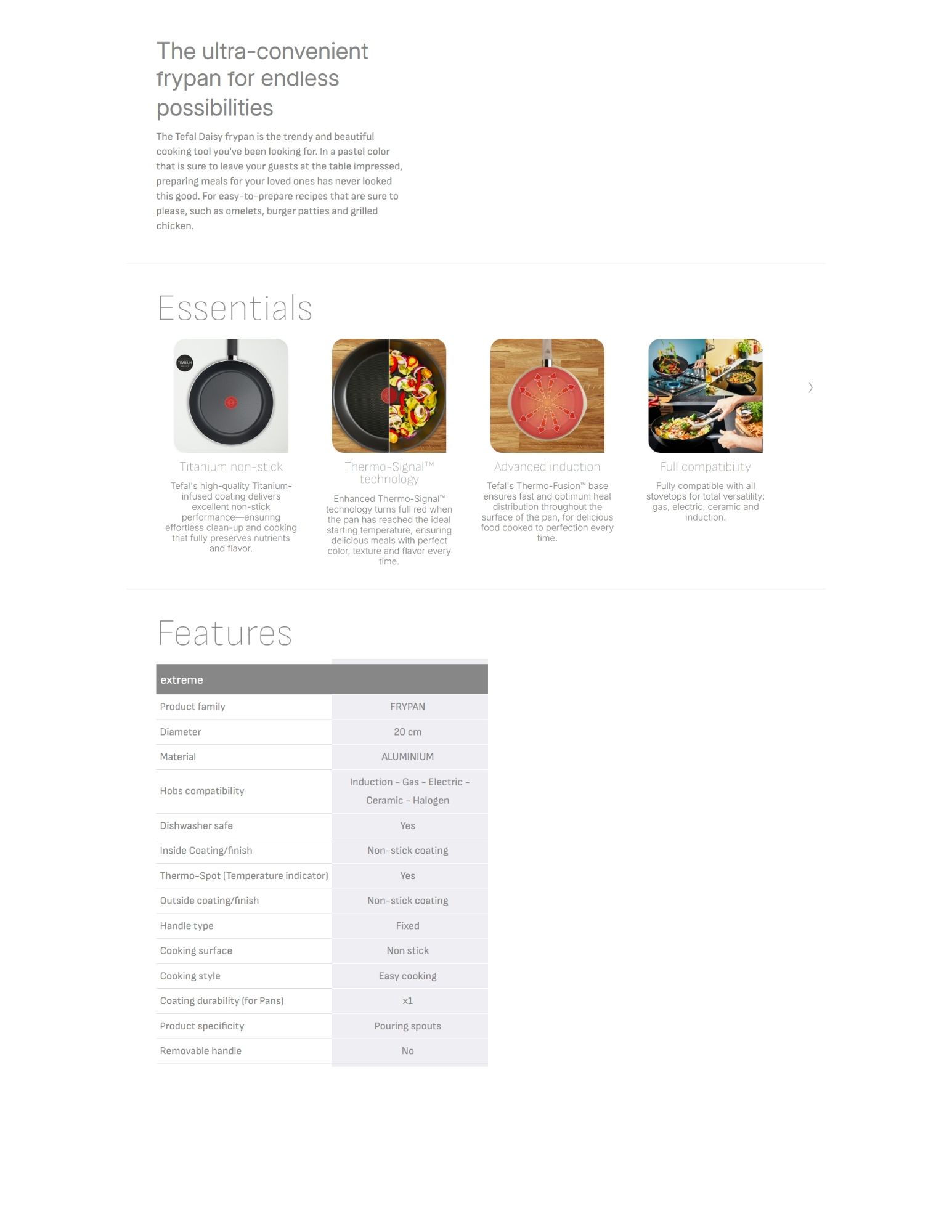 Tefal non-stick frypan product overview showing Titanium non-stick coating, Thermo-Signal heat indicator, induction-compatible base, full hob compatibility, and detailed specifications table.