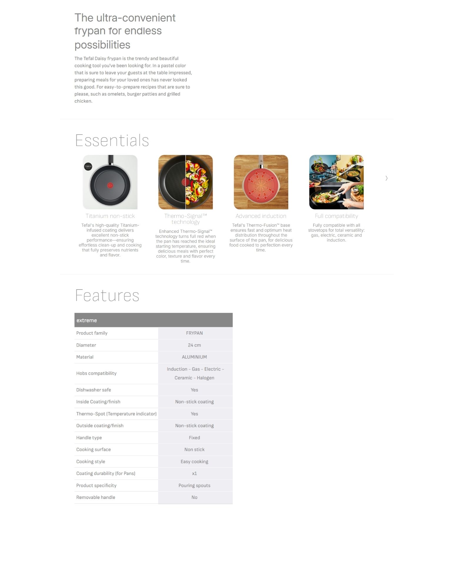 Tefal non-stick frypan product page showing Titanium non-stick coating, Thermo-Signal heat indicator, advanced induction base, full hob compatibility, and a detailed specifications table for a 24 cm aluminium frypan.