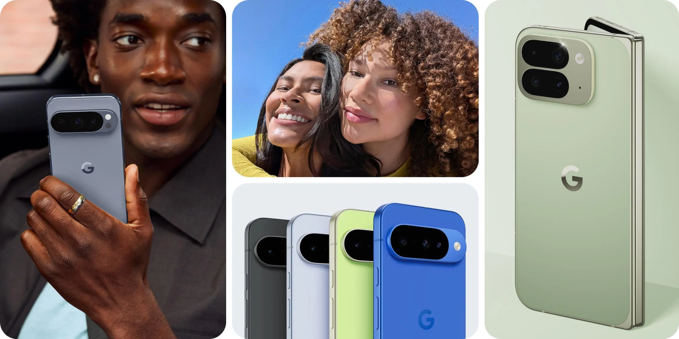 Google Pixel smartphone shown in multiple colors and lifestyle shots.