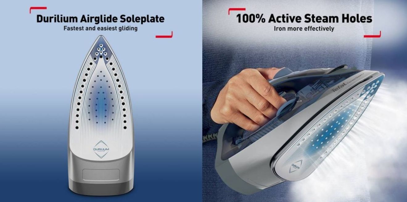 Durilium Airglide soleplate with 100% active steam holes for smooth ironing