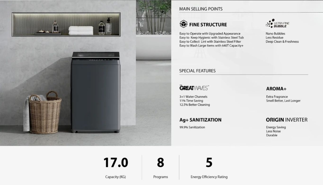 17kg Toshiba top load washer with modern minimalist design