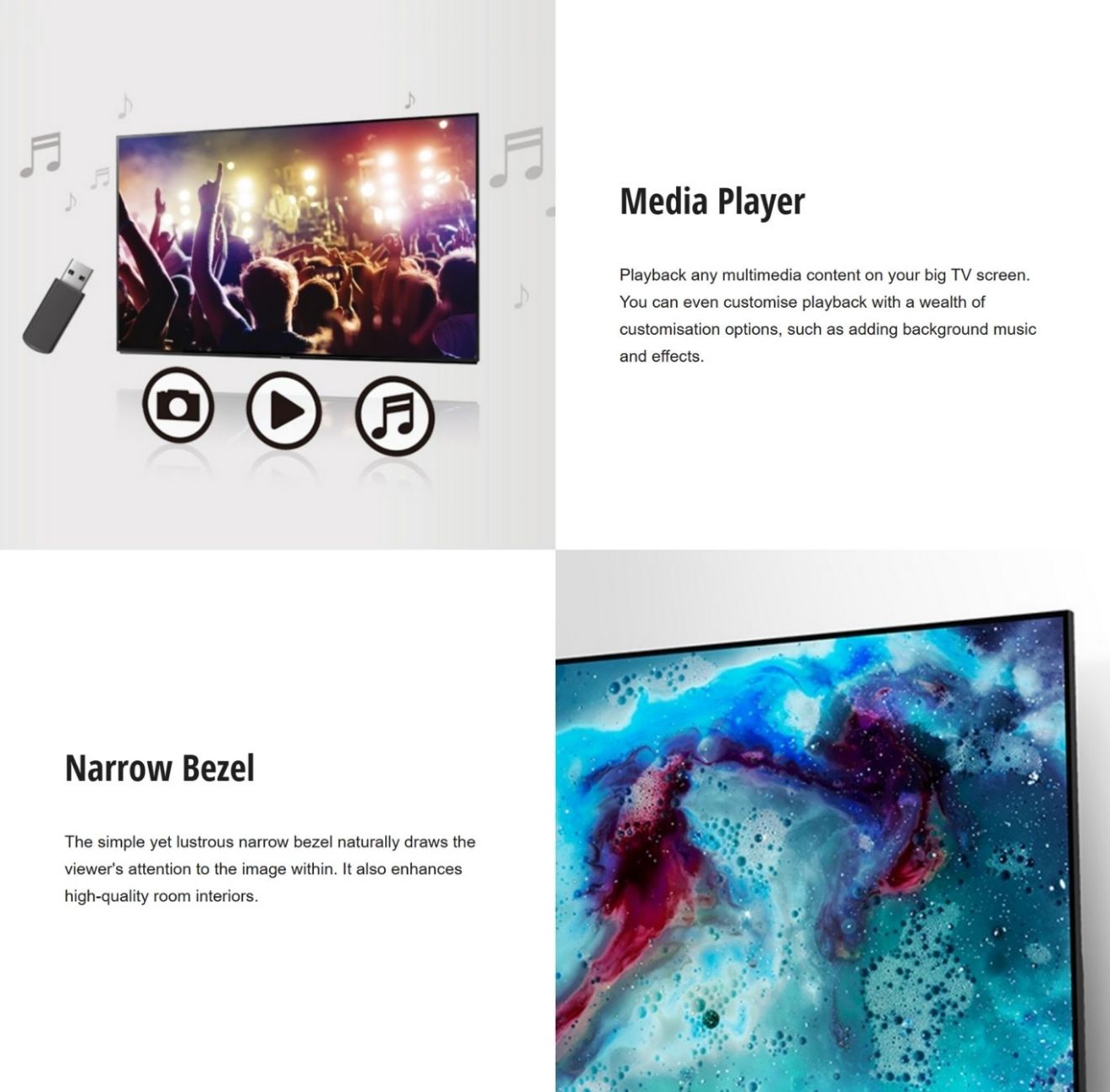 Narrow bezel TV design blends into modern interiors