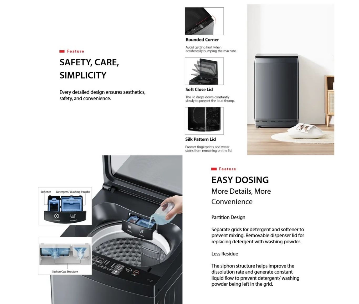 Rounded edges and soft close lid for safe daily use