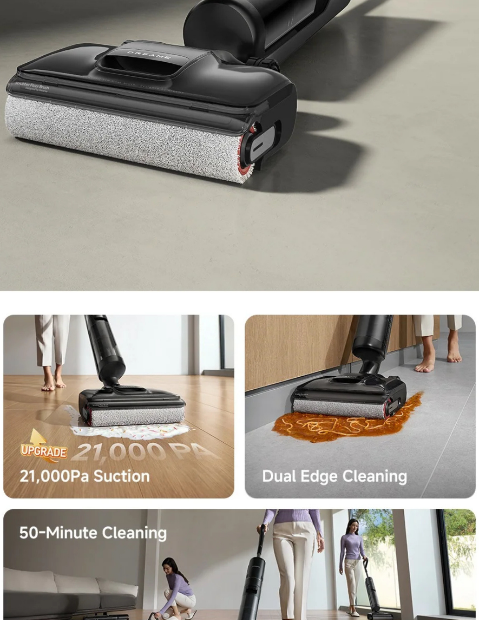 Hard floor washer with 21,000Pa strong suction power