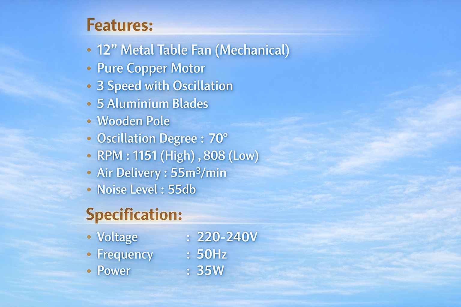 Text graphic showing metal table fan features and specs