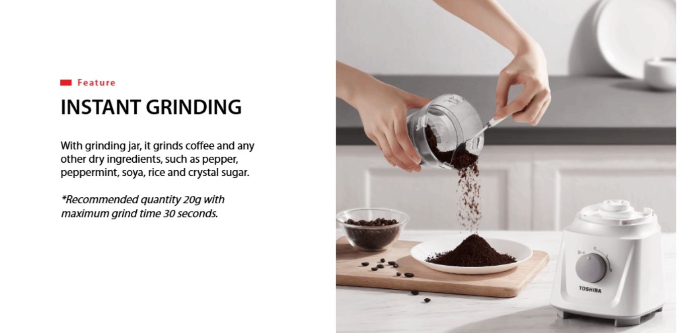 Grinding jar grinds coffee beans and dry ingredients instantly