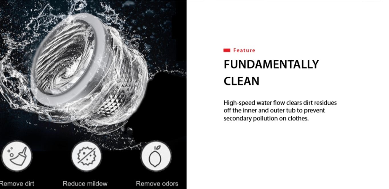 High-speed water flow cleans tub to prevent residue buildup