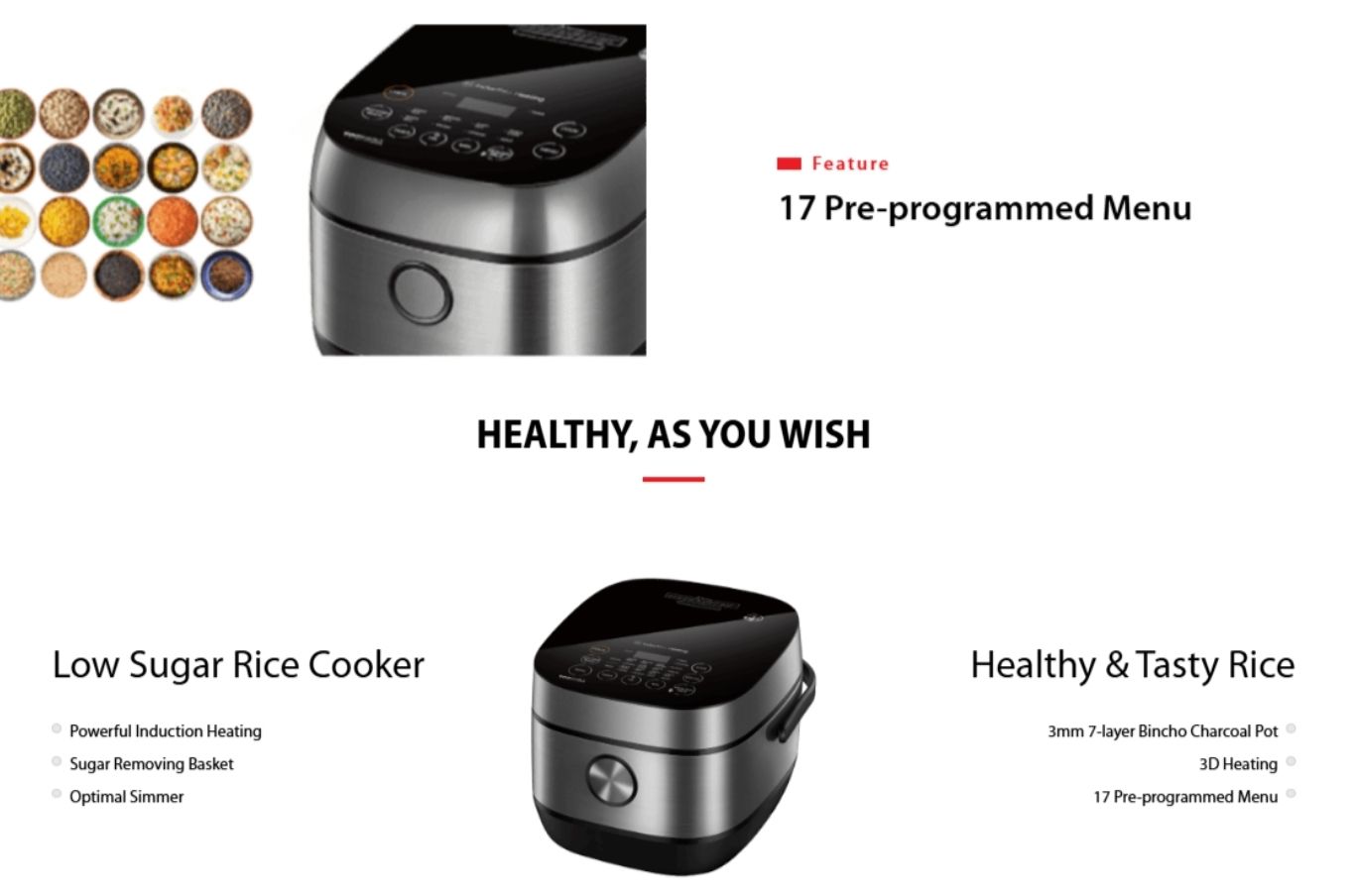 Low sugar rice cooker with 17 pre-programmed menus
