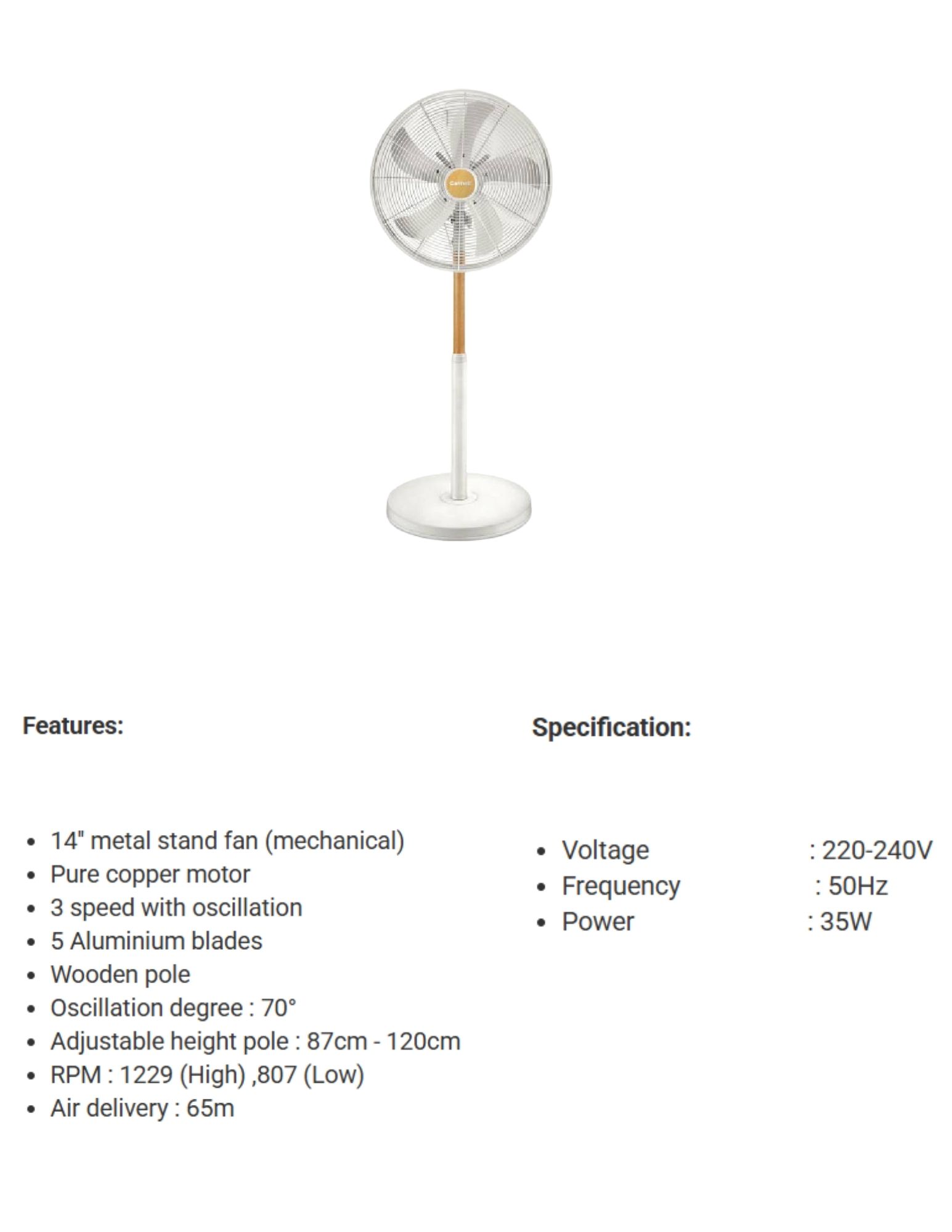 Cornell 14-inch stand fan product features and specifications